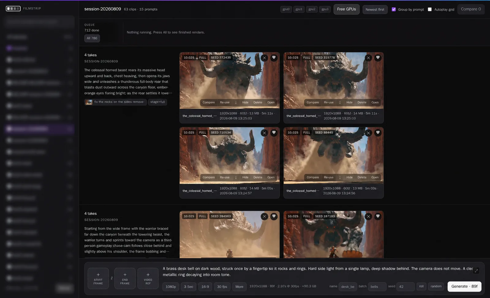 Filmstrip studio with prompt-grouped video takes, GPU controls and generation inputs