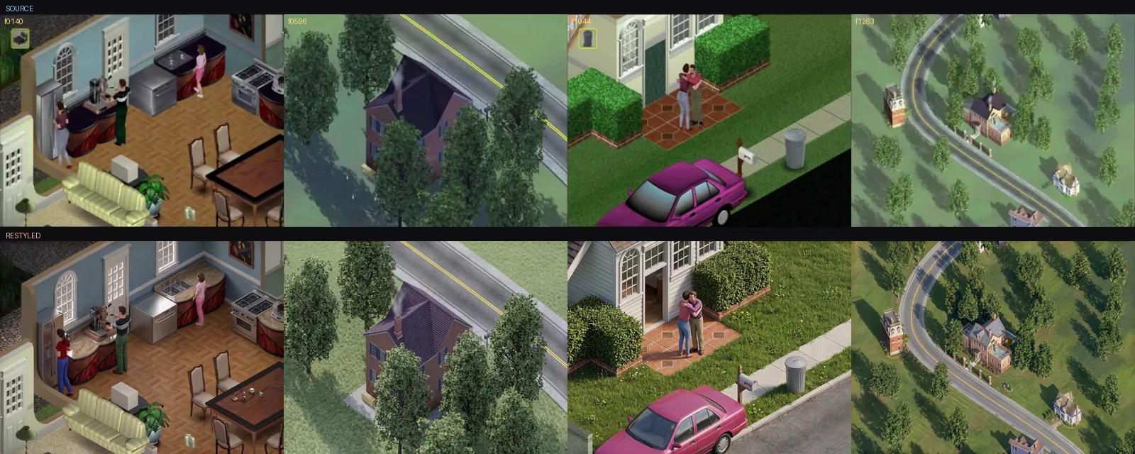 Four matched frames, source game footage above and the restyled output below